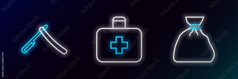 Set line Garbage bag, Straight razor and First aid kit icon. Glowing neon. Vector Set line Garbage bag, Straight razor and First aid kit icon. Glowing neon. Vector