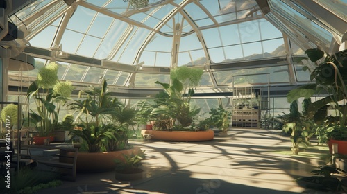 A modern greenhouse with rare plants and a controlled climate system.