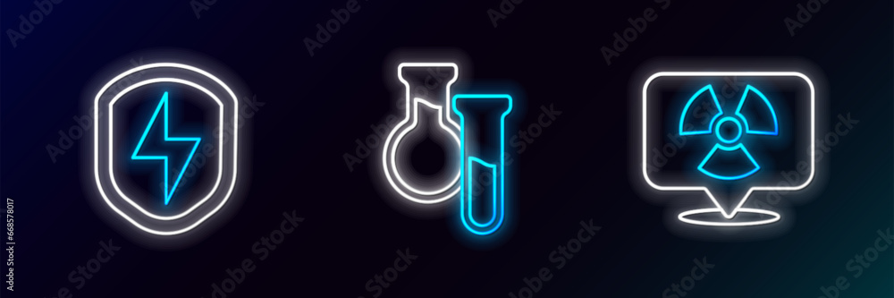 Set line Radioactive in location, Secure shield with lightning and Test tube and flask icon. Glowing neon. Vector Set line Radioactive in location, Secure shield with lightning and Test tube and flask icon. Glowing neon. Vector