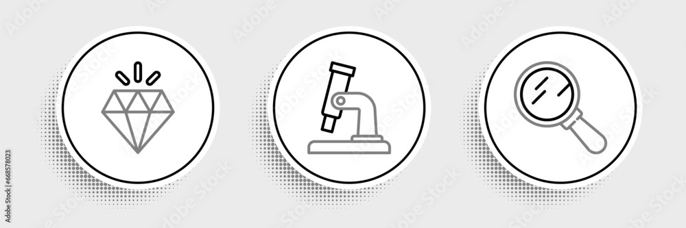 Set line Magnifying glass, Diamond and Microscope icon. Vector