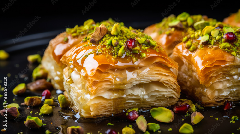 Delicious Turkish Dessert Baklava Close-Up - obrazy, fototapety, plakaty 