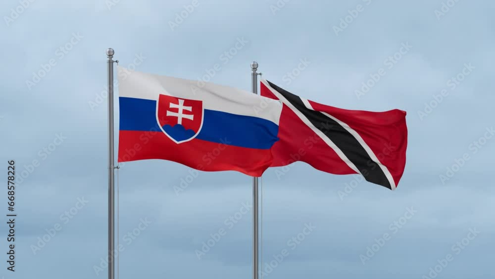 Trinidad and Tobago and Slovakia flag waving together on cloudy sky, endless seamless loop, two country cooperation concept Trinidad and Tobago and Slovakia flag waving together on cloudy sky, endless seamless loop, two country cooperation concept