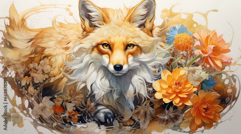 Fototapeta premium The fox sitting among a lotus flower and sun