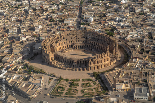El Jem Coliseum seen from the sky. The largest Roman amphitheater in Africa. Unesco World Heritage. photo