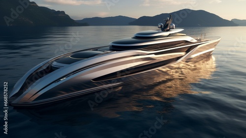 A luxury motor yacht with a helipad and sleek, aerodynamic design. photo