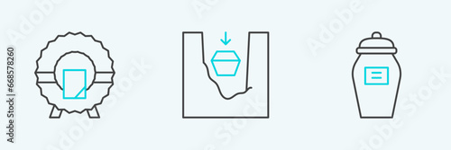 Set line Funeral urn, Memorial wreath and Coffin in grave icon. Vector