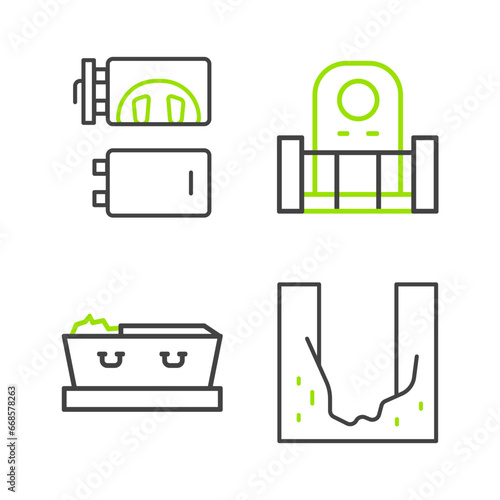 Set line Cemetery digged grave hole, Coffin with dead, Grave tombstone and Crematorium icon. Vector