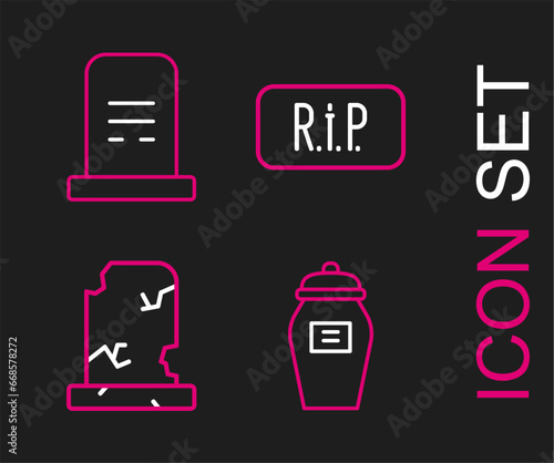 Set line Funeral urn, Old grave with tombstone, Speech bubble rip death and Grave icon. Vector