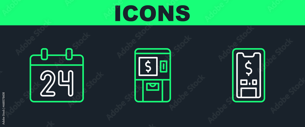 Set line Mobile with dollar, Calendar and ATM and money icon. Vector Set line Mobile with dollar, Calendar and ATM and money icon. Vector