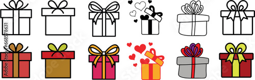 Gift Box Vector Set, perfect for birthdays, holidays, special occasions.Each gift box is adorned with ribbons, bows, hearts. Ideal for celebration, party, surprise, package, wrapping, festive themes.