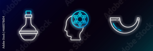 Set line Traditional ram horn, shofar, Jewish wine bottle and Orthodox jewish hat icon. Glowing neon. Vector