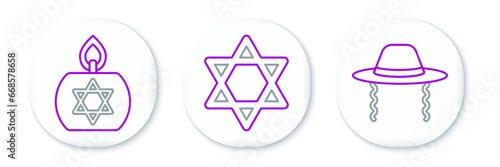 Set line Orthodox jewish hat, Burning candle and Star of David icon. Vector
