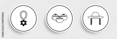 Set line Orthodox jewish hat, Star of David necklace on chain and Jewish sweet bakery icon. Vector