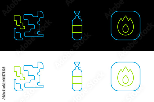 Set line Fire flame, Gaseous and Propane gas tank icon. Vector