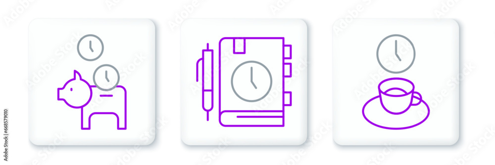 Set line Coffee time, Piggy bank with coin and Daily paper notepad icon. Vector Set line Coffee time, Piggy bank with coin and Daily paper notepad icon. Vector