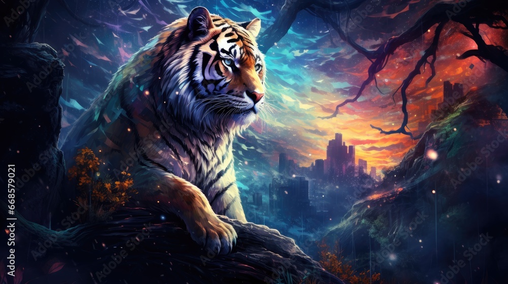 Tiger on galaxy background 