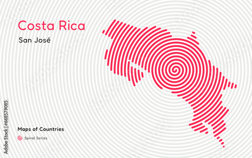 Abstract Map of Costa Rica in a Circle Spiral Pattern with a Capital of San José. Latin America Set.