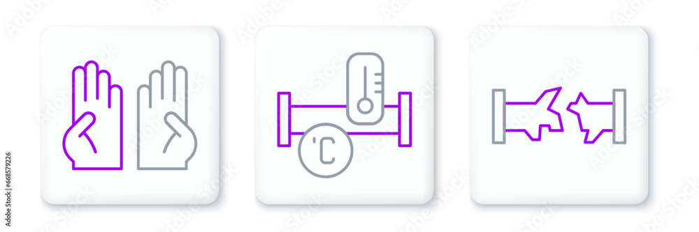 Set line Broken pipe, Rubber gloves and Industry metallic icon. Vector Set line Broken pipe, Rubber gloves and Industry metallic icon. Vector