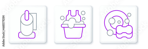Set line Washing dishes, Toilet paper roll and Basin with soap suds icon. Vector