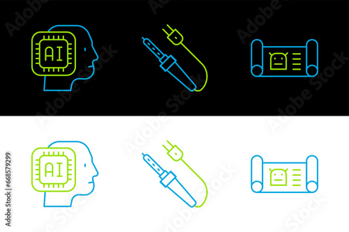 Set line Robot blueprint, Humanoid robot and Soldering iron icon. Vector