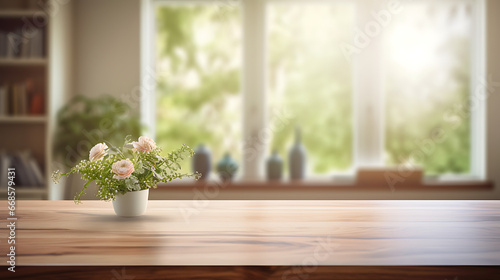 A daytime room  a clean table  blurred background