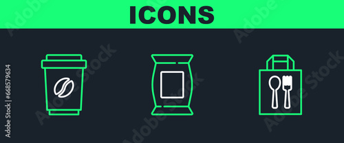 Set line Online ordering and delivery, Coffee cup to go and Bag packet potato chips icon. Vector