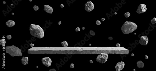 Fototapeta Naklejka Na Ścianę i Meble -  Abstract catwalk fashion or runway. display podium rock stone asteroid float outer space galaxy product stand cosmetic. Planet dark black concept universe stars cosmos. clipping path. 3D Illustration.