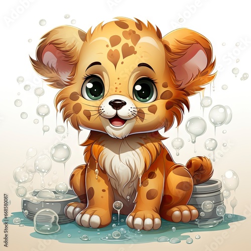 Charming illustrated lion cub sitting amidst bubbles  capturing a moment of curious wonder and vibrant detail.