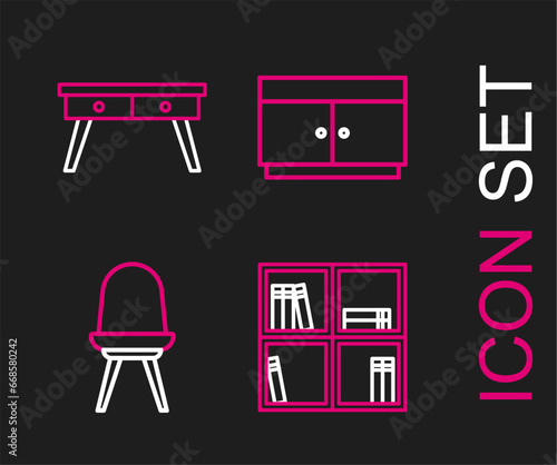 Set line Shelf with books, Chair, Chest of drawers and Office desk icon. Vector
