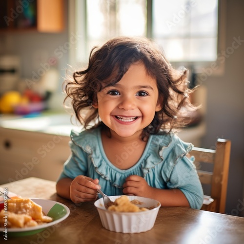 Smiling hispanic child girl eating in the kitchen.