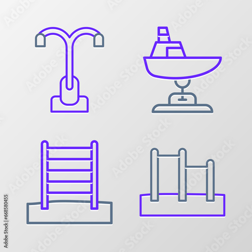 Set line Horizontal bar, Swedish wall, Swing boat and Street light icon. Vector