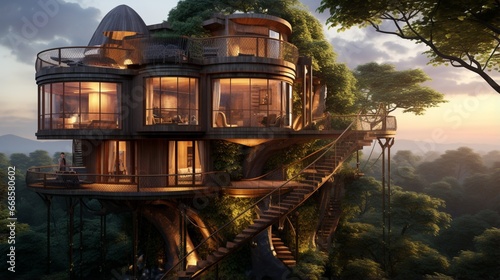 Canvas Print A luxury treehouse with wrap-around balconies and a built-in hot tub
