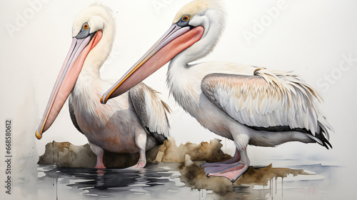 Image of a watercolor drawing of a pair of pelicans © Gefer