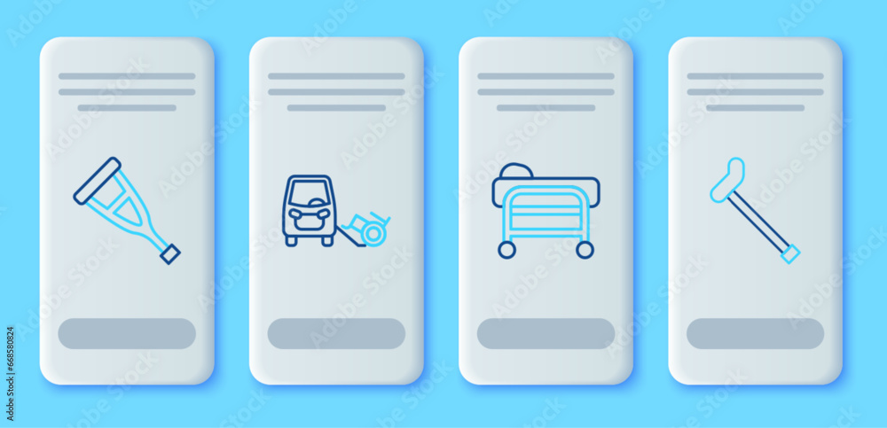 Set line Disabled car, Stretcher, Crutch or crutches and Walking stick cane icon. Vector