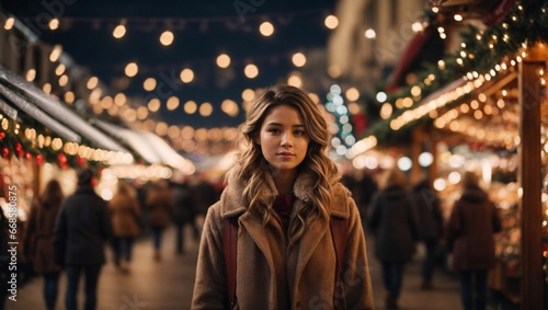Portrait of young smiling woman walking around the market square on a festive December evening. The colorful lights of the market. The street is decorated with lights. Blurry background. Generative AI