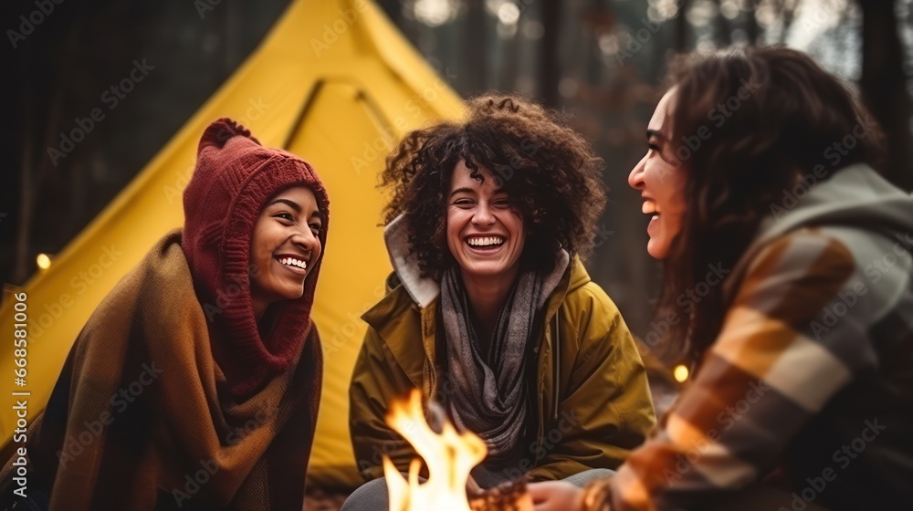 Multiethnic group of brave tourists lit bonfires, enveloping the spirit of the wild. Women travelers lit the fire with a sense of adventure and camaraderie. Close friends are sitting near the tent.