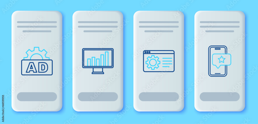Set line Monitor with graph chart, Browser setting, Advertising and Mobile review rating icon. Vector Set line Monitor with graph chart, Browser setting, Advertising and Mobile review rating icon. Vector