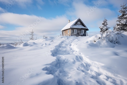 Intriguing footprints leading to a secluded snow-draped cottage.