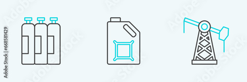 Set line Oil pump or pump jack, Industrial gas cylinder tank and Canister for motor oil icon. Vector