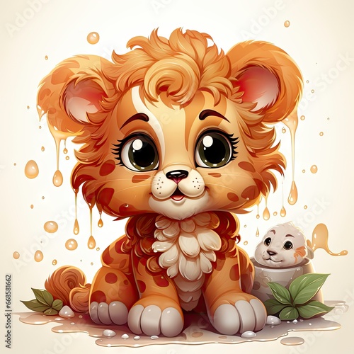 Charming illustrated lion cub sitting amidst bubbles, capturing a moment of curious wonder and vibrant detail.