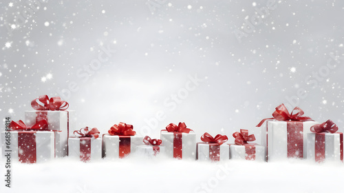 Large horizontal row of Christmas gifts with red ribbons and spruce trees on snow covered surface, snowfall and abstract background with snowflakes and sparkling lights. © linda_vostrovska