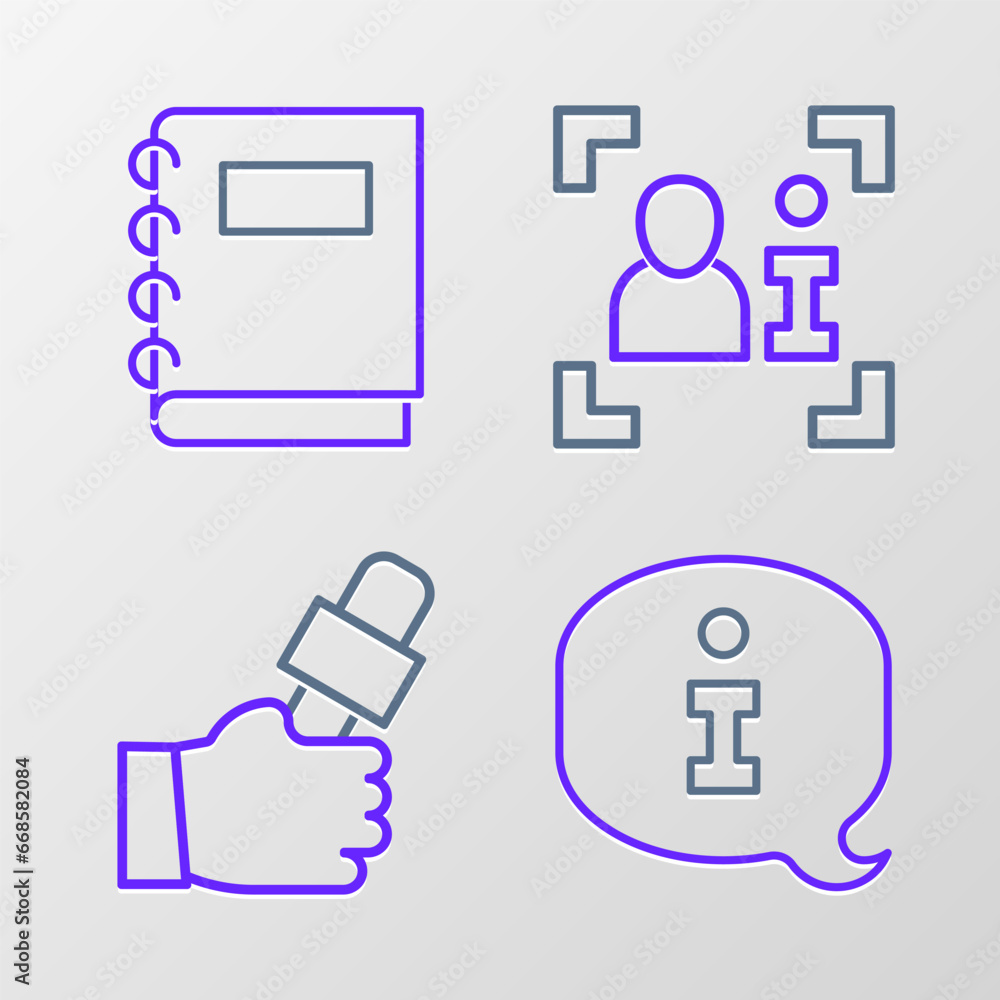 Set line Information, Journalist news, Television report and Notebook icon. Vector Set line Information, Journalist news, Television report and Notebook icon. Vector