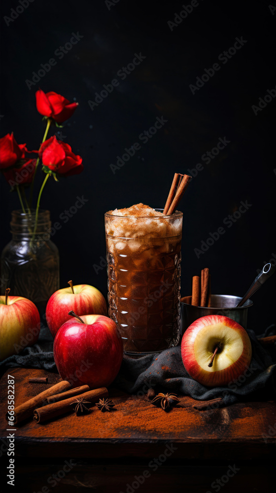Cold apple cider with cinnamon, anise and red apples on dark background