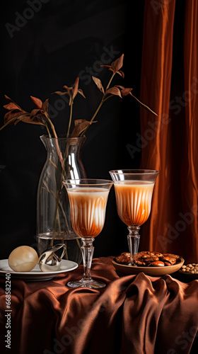 Two glasses of latte macchiato on a black background