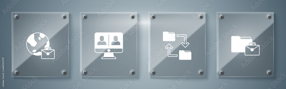 Set Online working, Cloud storage document folder, Video chat conference and . Square glass panels. Vector Set Online working, Cloud storage document folder, Video chat conference and . Square glass panels. Vector