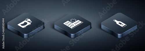 Set Isometric Ultrasound, Digital thermometer and Hospital building icon. Vector