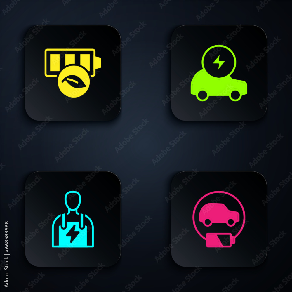 Set Electric car, Eco nature leaf battery, Car mechanic and . Black square button. Vector Set Electric car, Eco nature leaf battery, Car mechanic and . Black square button. Vector