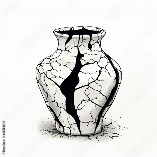 Illustration of black and white doodle of broken vase with cracked pieces on white background