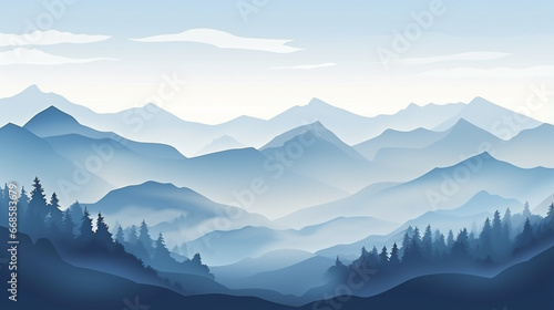 landscape with fog  forest  mountains  morning sunlight. Illustration panoramic  fogs. generative ai