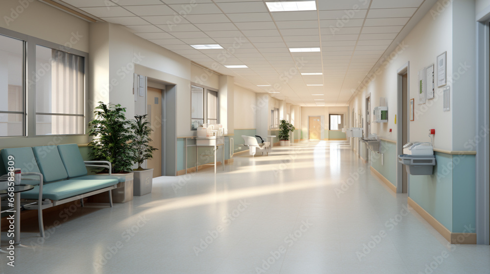 Empty modern hospital corridor, clinic hallway interior background. waiting room. generative ai